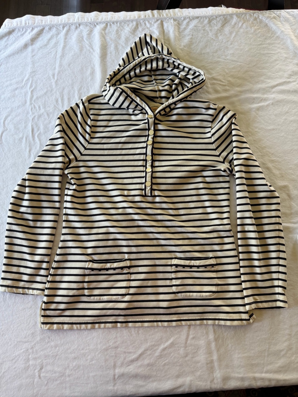 Talbots Black & Cream Striped Pullover Hoodie with Front Pockets